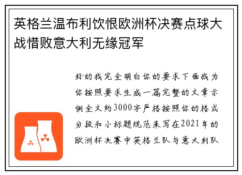英格兰温布利饮恨欧洲杯决赛点球大战惜败意大利无缘冠军