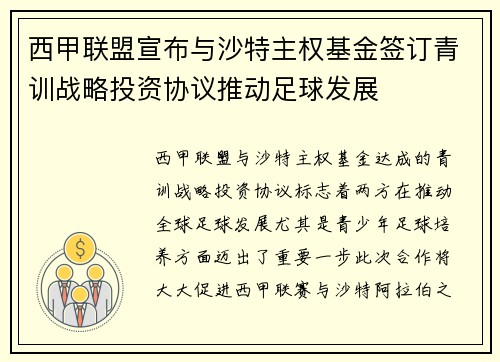 西甲联盟宣布与沙特主权基金签订青训战略投资协议推动足球发展