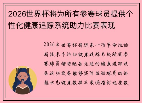 2026世界杯将为所有参赛球员提供个性化健康追踪系统助力比赛表现