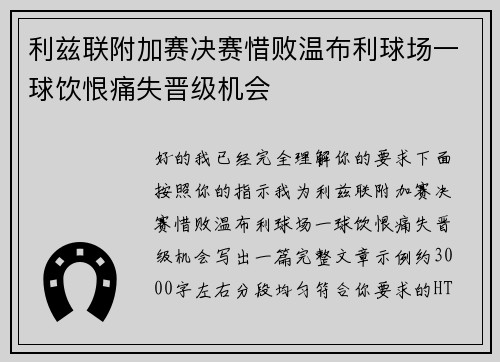 利兹联附加赛决赛惜败温布利球场一球饮恨痛失晋级机会