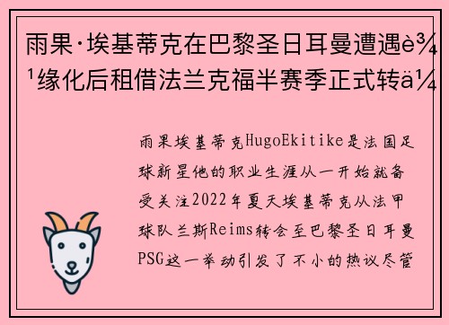 雨果·埃基蒂克在巴黎圣日耳曼遭遇边缘化后租借法兰克福半赛季正式转会